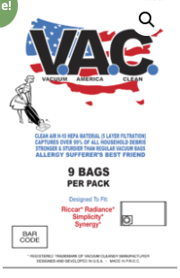 Riccar Radiance HEPA Vacuum Bags 9 Pack By V.A.C.